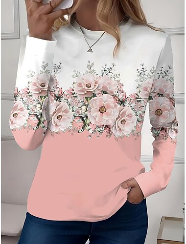  Damskie Podkoszulek Kwiaty Graficzny Elegancja Zabytkowe Moda Długi rękaw Półgolf Zwykłe topy Codzienny Weekend Nadruk Perła Rumiany róż Niebieski Brązowy Lato