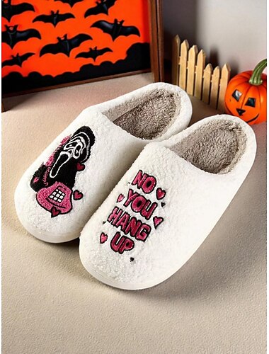  Flauschige Hausschuhe mit Geistergesicht für Halloween für Damen – gemütliche, bestickte Horror-Hausschuhe mit „No You Hang Up“-Design für die gruselige Jahreszeit, Partys und Loungewear