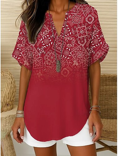  Femmes Chemise Bohème Fleuri Graphique Bohème Actif ancien Manche Courte Col en V Hauts Réguliers Quotidien Fête Tenue de plage Rouge Bleu Violet Beige Été Printemps