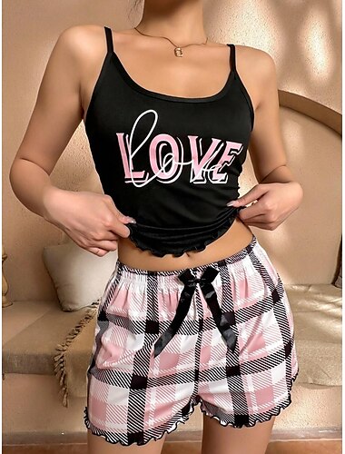  Damen Schlafanzug Set Lässig Komfort Herz Karo / Karomuster Buchstabe Elastischer Bund Trägertop Shorts Heim Täglich Ärmellos Träger Schwarz Weiß Gold Braun Sommer Normale Passform