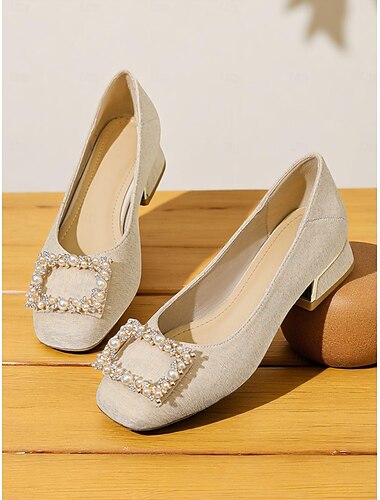  Beigefarbene Damen-Ballerinas mit quadratischer Spitze und Perlenschnalle, Slipper aus Kunststoff mit niedrigem Absatz für elegante Freizeitlooks und tägliche Verabredungen