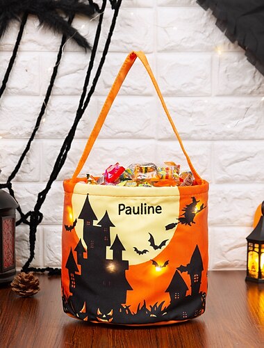  Pungă de cadouri cu LED-uri personalizate cu nume, pentru Halloween, pentru copii, coșuleț personalizat cu bomboane pentru trick or treat, temă de dovleac fantomă strălucitoare, pungă de cadouri