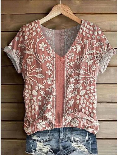  女性用 Tシャツ フラワー グラフィック 植物 ヴィンテージ ファッション ハワイアン 半袖 Ｖネック レギュラートップス 日常 お出かけ 週末 プリント ホワイト イエロー ピンク ブルー スカイブルー 夏 春