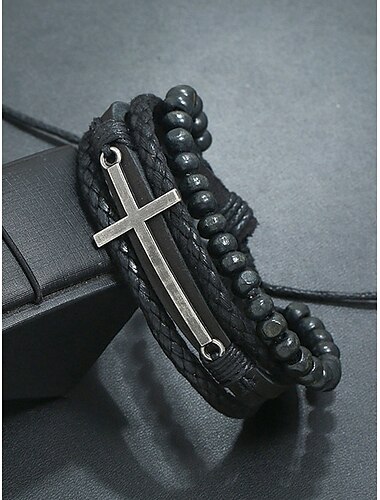  Gothic-Kreuz-Lederperlenarmband für Herren – mehrlagiges Vintage-Armband für Halloween-Partys und Retro-Punk-Stil