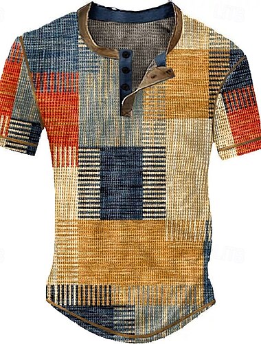  Hombre Graphic Plaid Bloque de color Camisa henley gofrada Manga Corta Impresión 3D Vintage Moda Design Exterior Diario Verano Amarillo Rojo Azul Piscina Verde Trébol Azul Oscuro Henley Camiseta