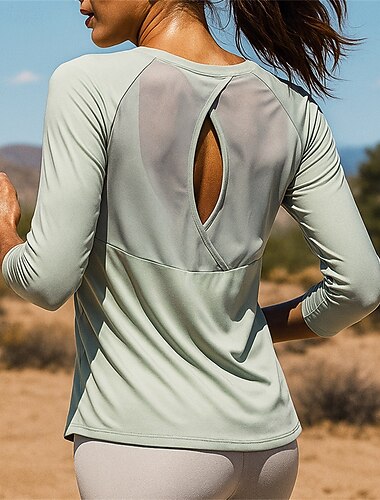 Women's Running Top Running Shirt Hollow Out Long Sleeve Tee Tshirt Breathable Quick Dry Lightweight Tennis Golf Running Sportswear Activewear Solid Colored Light Green