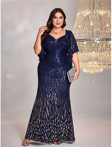  Havfrue  Trumpet Plus Size Klänningar Elegant Curve Klänning Formell Bröllop Golvlängd Halvärm Hjärta Polyester med Paljetter 2025