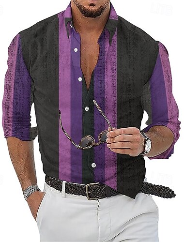 Herren Hemd Sommerhemd Freizeithemd Strandhemd Knopfhemd Hellgrün Rosa Rote Purpur Grün Langarm Streifen Revers Urlaub Hawaiianisch Bekleidung Polyester Mode Lässig Bequem