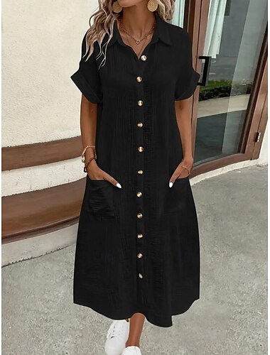  Damen Midikleid Shiftkleid Urlaub Lässig Täglich Normale Passform Einfach Kurzarm Hemdkragen Schwarz Weiß Blau Sommer Frühling