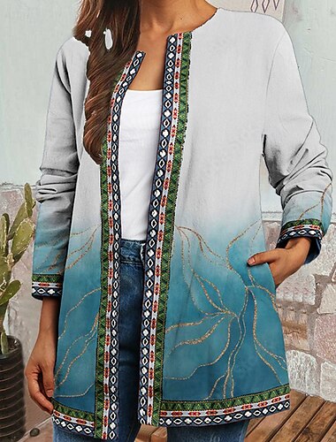  Damen Freizeitjacke Warm Bequem Tasche Mode Modern Blumen Straße Ausgehen Regulär Kragenlos Normale Passform Langarm Oberbekleidung Wein Blau Himmelblau Herbst Winter
