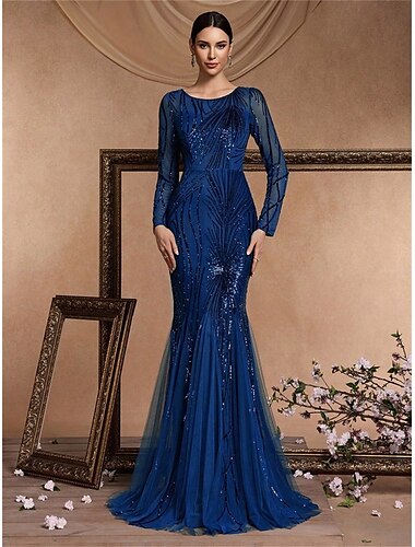 Meerjungfrauenschnitt Quinceanera-Kleider Elegant Kleid Formell Hochzeit Bodenlang Langarm Rundhalsausschnitt Polyester mit Paillette 2025