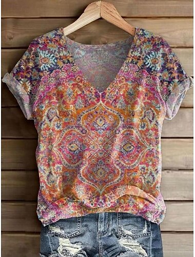  Damen T Shirt Grafik Paisley-Muster Vintage Stilvoll Klassisch Kurzarm V Ausschnitt Normale Oberteile Täglich Druck Rote Orange Violett Sommer Frühling