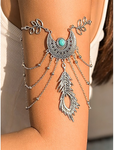  Brazalete bohemio de turquesa para mujer: joya de cadena de hojas tribales con medallón de luna para festivales, fiestas de verano y ropa de playa.