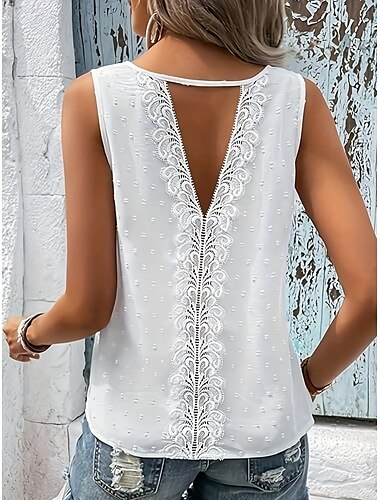  Femmes Débardeur caraco Couleur Unie Quotidien Occasionnel Sans manches Col ras du cou Hauts Réguliers Quotidien Dentelle Dos nu Patchwork Blanche Été