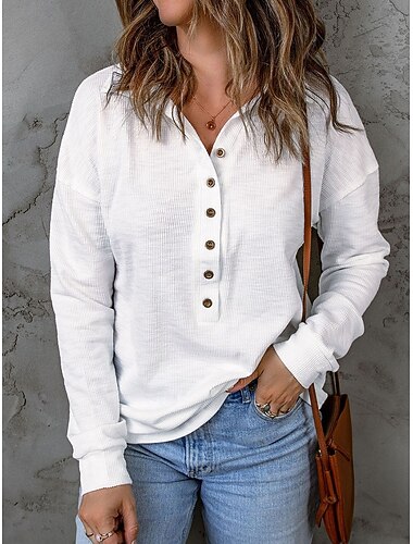  Damen Bluse Einfarbig Stilvoll Basic Lässig Langarm Hemdkragen Normale Oberteile Täglich Knöpfe Schwarz Weiß Marineblau Himmelblau Khaki Sommer Frühling Herbst