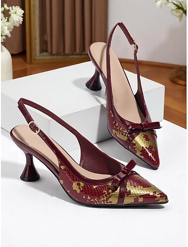  Damen Vintage 50er Jahre Slingback Pumps mit spitzer Spitze und Schleifen- und Schlangenmuster – elegante Retro Pumps für Partys und Abendveranstaltungen