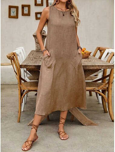  Damen Maxikleid A Linie Kleid Sommerkleid Lässig Täglich Normale Passform Einfach Ärmellos Rundhalsausschnitt Wein Blau Braun Grün Sommer