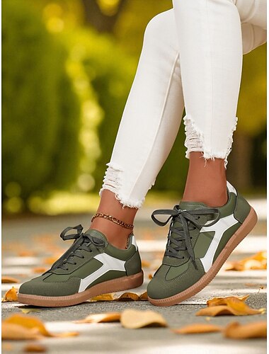  Grüne Schnür-Sneaker für Damen – lässige Sneaker im Retro-Stil mit weißen Kontrastdetails zum Spazierengehen, für die Schule und tägliche Besorgungen