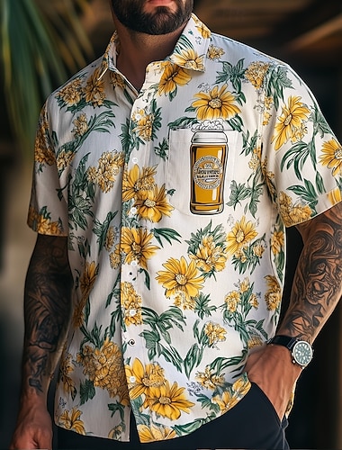  Herren Blumendruck Oktoberfest-Bier Blumen Hemd Sommerhemd Knopfhemd Kurzarm Modisch lässig Outdoor Ferien Sommer Frühling Umlegekragen 3D-Druck Hemden mit Kragen Eine Tasche vorne Weiß Orange