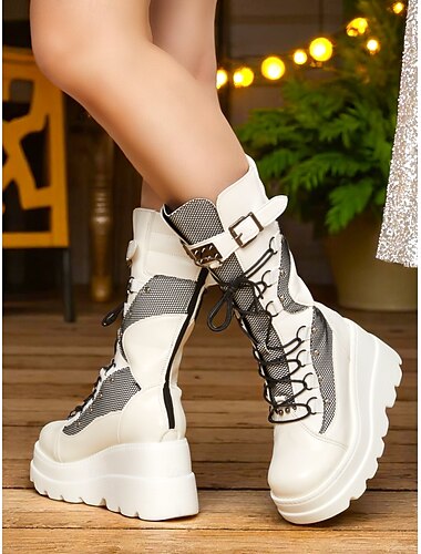  Weiße Plateau-Kampfstiefel für Damen, hohe Stiefeletten mit Schnürung und Mesh-Einsatz und Schnallenriemen, ausgefallener Streetwear-Stil für das Nachtleben und Party-Looks