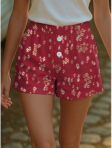  Damen Chinos Shorts Urlaub Vintage Ethno-Stil Kurz Hohe Taille Blumen Grafik Schnalle Druck Atmungsaktiv Weich Außenbereich Mikroelastisch Formell Outdoor Urlaub Rubinrot Weiß Rote Sommer Frühling