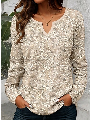  Dames T-shirt Bloemig 3D Casual Lange mouw V-hals Gekerfde nek Normale tops Dagelijks 3D-afdrukken Afdrukken Khaki Lente Herfst