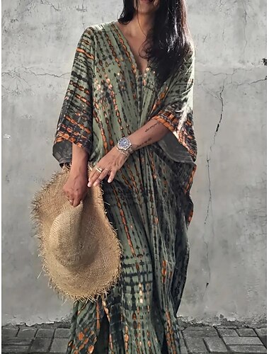  Dames Maxi-jurk Zonnejurk Vakantie Casual Boho Buiten Feest Uitgaan Normale pasvorm Geometrisch 3/4 mouw V-hals Geel Rood blauw Groen Zomer