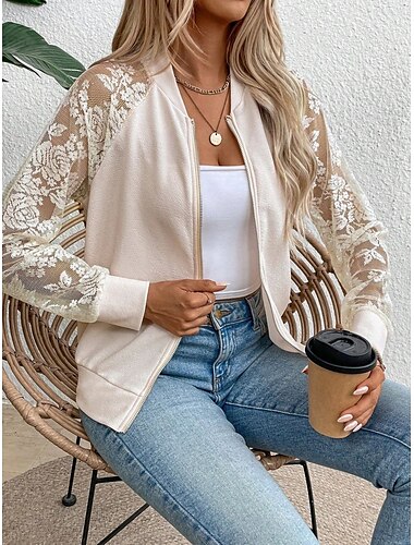  Damen Bomberjacke Bequem Atmungsaktiv Spitze Patchwork Reißverschluss Tasche Elegant Lässig Einfach Urlaub Straße Lässig Alltagskleidung Reisverschluss Regulär Stehkragen Normale Passform Langarm