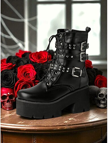  Gothic-Plateau-Kampfstiefel für Damen im Y2K-Stil – schwarze Schnürstiefeletten im 80er-Jahre-Stil mit Nietenriemen und klobigen Absätzen für Cosplay, Halloween und Punk-Streetwear