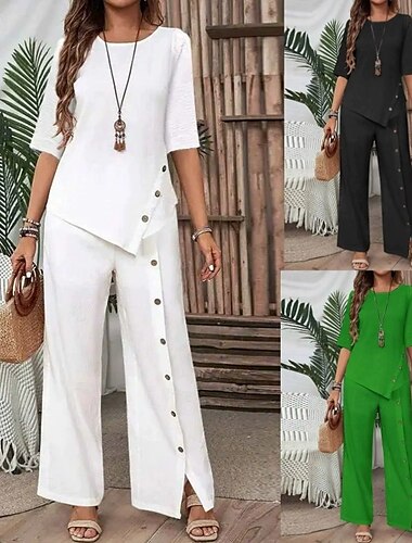  Femmes Élégant Mode Streetwear Ensembles de Pantalons Demi Manches Col rond Couleur Unie Patchwork Occasionnel Quotidien Noir Blanche Vert Été Coupe régulière