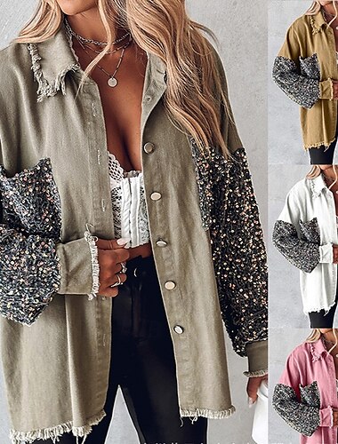  Damen Hemdjacke Freizeitjacke Atmungsaktiv Bequem Tasche Pailletten Lässig Einfach Urlaub Straße Lässig Alltagskleidung Einreihig Regulär Revers Normale Passform Langarm Oberbekleidung Hellblau Wei