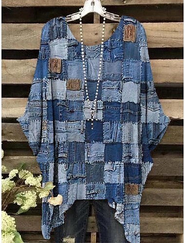  Damen Boho-Hemd Grafik Geometrisch Elegant Bohemien Vintage Kurzarm Fledermaus Ärmel Rundhalsausschnitt Normale Oberteile Täglich Ferien Strandbekleidung Druck Denim Blue Leicht Braun Blau Orange