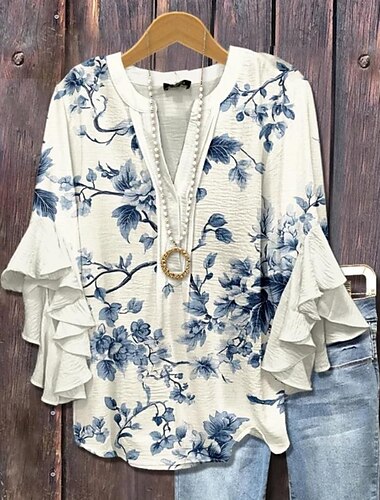  Mujer Blusa Floral Graphic Elegante Bohemia Étnico Manga 3/4 Escote en Pico Tops regulares Diario Festivos Ropa de vacaciones Volante Estampado Blanco Azul Piscina Morado Marrón Verde Trébol Verano