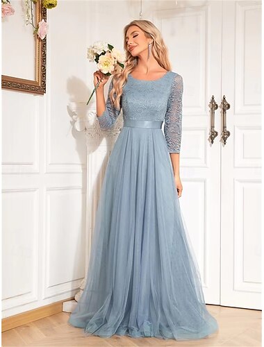  A-Linie Quinceanera-Kleider Elegant Kleid Formell Hochzeit Bodenlang Langarm Rundhalsausschnitt Tüll V-Ausschnitt mit Falten 2025