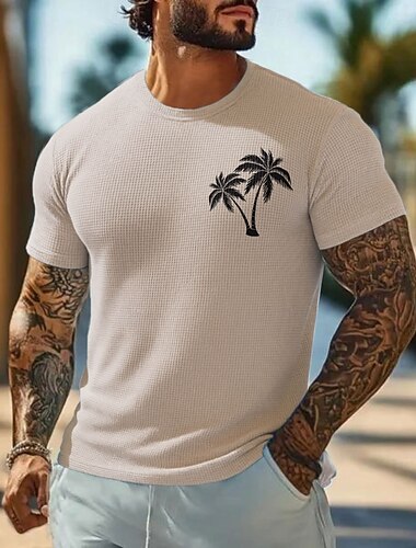  Herren Palme Waffelhemd Kurzarm T-Shirt 3D-Druck Rundhalsausschnitt Hemd Urlaub Tropisch Mode Urlaub Straße Lässig Hellblau Hellgrün Rosa Sommer Frühling Bekleidung S M L XL XXL XXXL