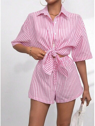  Femmes Mode Streetwear Quotidien Ensembles de Shorts Manche 3/4 Col de chemise Rayé Imprimé Occasionnel Quotidien Jaune Rose Claire Rouge Été Coupe régulière