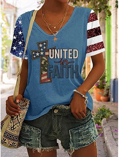  Unabhängigkeitstag Damen Patriottische Vierter Juli T-Shirt Grafik Flagge Vintage Stilvoll Lässig Kurzarm V-Ausschnitt Reguläre Tops Täglicher Druck Schwarz Weiß Blau Grau Sommer Frühling