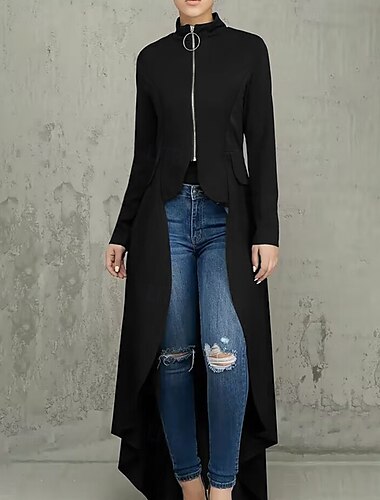  Γυναικεία Casual Jacket Άνετο Φερμουάρ Ακανόνιστος γιακάς Κομψό Μοντέρνα Σκέτο Δρόμος Σαββατοκύριακο Φερμουάρ Μακρύ Όρθιος Γιακάς Κανονικό Μακρυμάνικο Εξωτερικά ενδύματα Μαύρο Μπορντώ