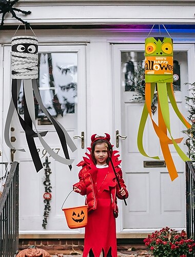  Halloween spökvindsflagga, vattentät hängande spöke utomhusträdgårdsdekorationer, kuslig skelettspökebanderoll bakgrund för julfestdekor