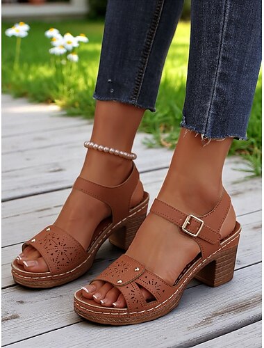  Sandales à talons ajourées et à boucle pour femme – chaussures d'été rétro respirantes pour un rendez-vous au jardin, au travail et pour une escapade à la campagne
