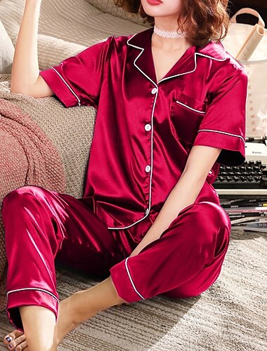  Conjunto de pijama para mujer, cuello con muescas de satén, manga corta, cintura elástica, ropa de estar en casa, ropa de dormir de seda burdeos, ajuste cómodo para todas las estaciones