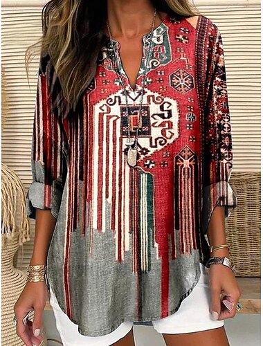  Damen Hemd Geometrisch Retro Vintage Ethnisch Langarm V Ausschnitt Normale Oberteile Täglich Ferien Knöpfe Druck Wein Rote Sommer