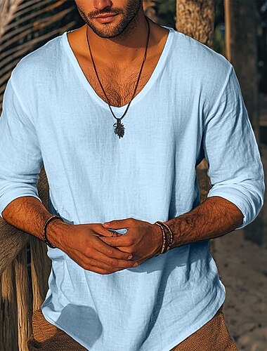  Herren Leinenhemd T-Shirt Langarmshirt Langarm V Ausschnitt Sommer Ganzjahres Einfarbig Täglich Lässig Streetstyle Rein Outdoor Straße Lässig Weiß Rosa Blau Top T-Shirt für Herren