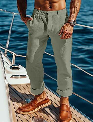 Herren Leinenhosen Hose Sommerhose Baggy-Hosen Gerader Schnitt Einfach Komfort Atmungsaktiv Volle Länge Lässig Täglich Ferien Urlaub Mode Weiß Grün