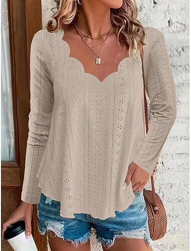  Damen Bluse Einfarbig Basic Lässig Langarm V Ausschnitt Normale Oberteile Täglich Lochmuster Schwarz Weiß Rosa Khaki Sommer