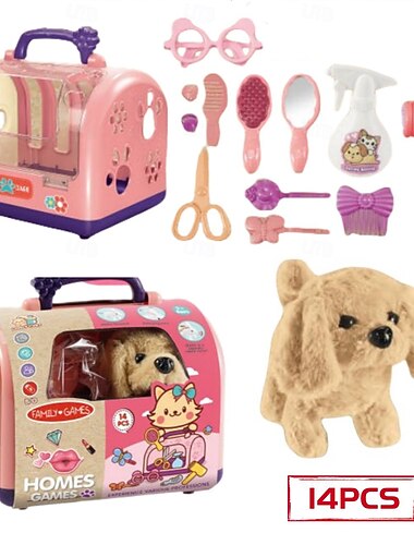  14-teiliges Hundespielzeug zum Spazierengehen mit Zubehör, realistisches Spielzeug für Mädchen und Jungen, Kleinkindspielzeug, bellender, wedelnder Schwanz, interaktiver Plüschhund mit süßem Umhang,