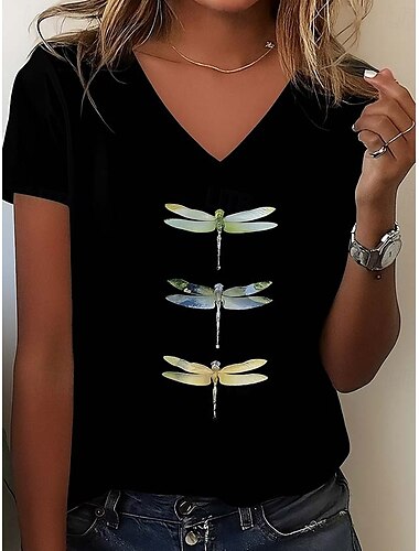  Damen-T-Shirt aus 100 % Baumwolle, Grafik, Tier, Buchstabe, lässig, kurze Ärmel, V-Ausschnitt, normale Oberteile, Alltag, Ausgehen, Strandkleidung, Aufdruck, Schwarz, Weiß, Grau, Sommer, Frühling