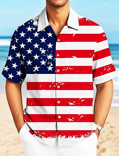  Tag der Unabhängigkeit Herren Amerikanische US-Flagge Patriotisch Hemd Freizeithemd Kuba-Kragen-Hemd Kurzarm Modisch lässig Ferien Streetwear Sommer Frühling Hemd mit Camp-Kragen 3D-Druck Hemden mit