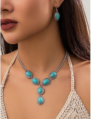  Conjunto de joyas turquesas para mujer: collar con colgante ovalado bañado en plata vintage y pendientes colgantes para un estilo bohemio, festivales de verano y fiestas en la playa.