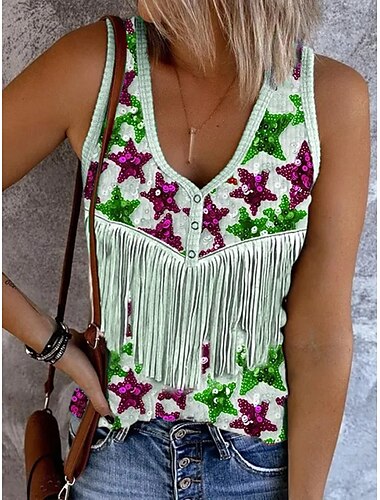  Unabhängigkeitstag Damen Patriotic Fourth of July Trägerkasten Top Flagge Stylish Casual Ärmellos V-Ausschnitt Cropped Tops Täglicher Druck Lila Grün Beige Sommer Frühling